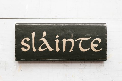 Sláinte Black Rustic Reclaimed Wood Wall Art with Metallic Gold Letters | Irish Bar Decor